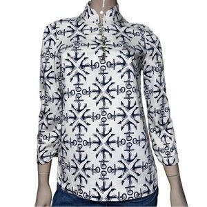 Monelle Women’s Size XS White Navy Blue Anchor Print Nautical Henley Shirt Top